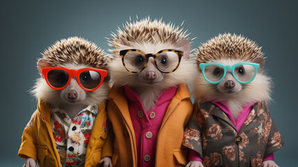 Hedgehogs wearing glasses and fashion clothes on a solid background, for advertisement or banner. 