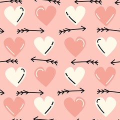 Cute hand drawn valentine’s day seamless vector pattern background illustration with pink and cream hearts and black arrows