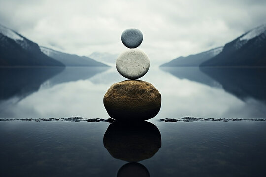 Zen stones on the water, three stacked rocks in northern tranquility