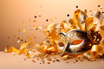 Lujosa máscara festiva de carnaval veneciano en fondo dorado para celebraciones con serpentina color oro. - obrazy, fototapety, plakaty