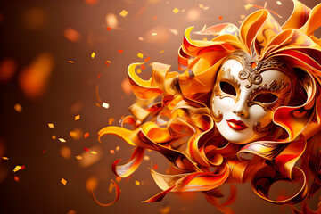 Preciosa y lujosa máscara veneciana para carnaval con decoraciones doradas y espacio para texto en baile de mascaras.