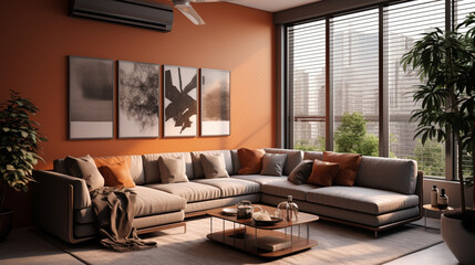 A cozy living room with a prominent heat pump, meticulously detailed in aluminum, set against a background of rich dark orange and light bronze hues. 