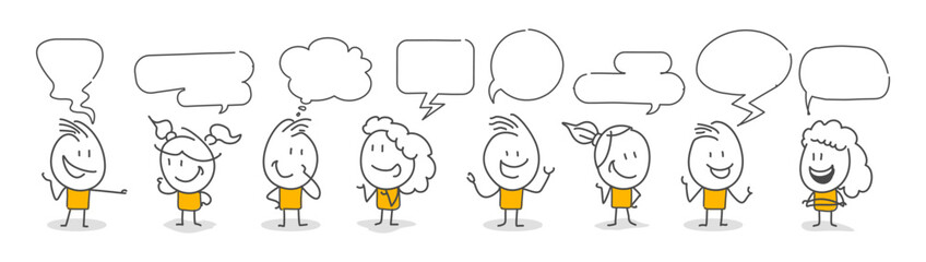 Stick figures. People with speech bubbles. Cartoon style. Social networks, news, social networks, chat, dialogue speech bubbles.