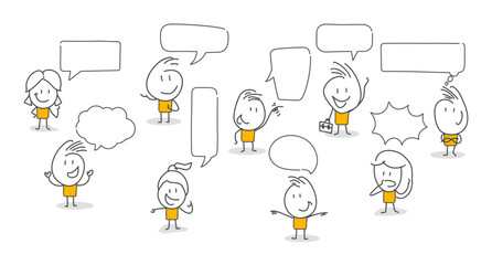 Stick figures. People with speech bubbles. Cartoon style. Social networks, news, social networks, chat, dialogue speech bubbles.