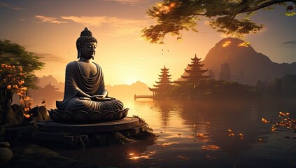 buddha statue in thailand statue at sunrise - obrazy, fototapety, plakaty