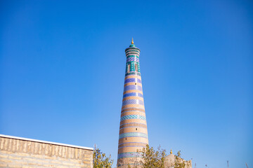 beautiful tall structure in the center of Citadel, Khiva, the Khoresm agricultural oasis, Citadel.