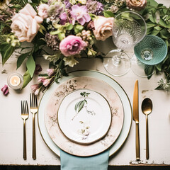 Floral wedding table decor, holiday tablescape and dinner table setting, formal event decoration for wedding reception, family celebration, English country and home styling