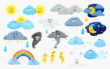 Cartoon weather characters, cute cloud and sun or rain, vector rainbow and wind storm. Cartoon weather characters of snow and moon with face, rainy lightning and funny tornado or raindrop emoticons - obrazy, fototapety, plakaty