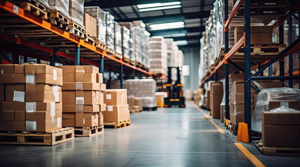Retail warehouse full of shelves with goods in cartons, with pallets and forklifts. Logistics and transportation blurred background. Product distribution center. 