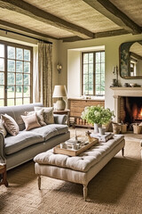 Cottage interior with modern design and antique furniture, home decor, sitting room and living room, sofa and fireplace in English country house and countryside style