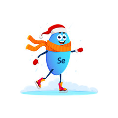 Cartoon Selenium mineral micronutrient on ice skates for Christmas winter holiday, vector character. Funny Selenium mineral pill skating on ice rink in Santa hat and scarf for healthy winter holiday