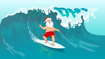 Santa surfer character. Cartoon Santa Claus surfing on board on big sea wave. Vector summer scene with Noel personage in red hat and shorts, balancing on a surfboard with holiday spirit in vast ocean