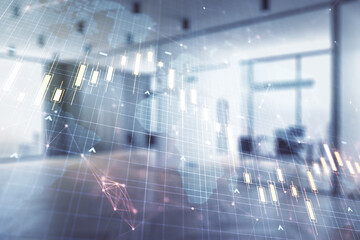 Multi exposure of virtual creative financial graph and world map on a modern furnished office background, forex and investment concept