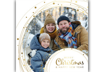 Christmas winter family photo card layout template with white background and golden elements - Powered by Adobe