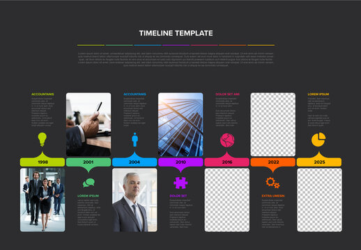 Simple dark timeline process infographic with big photo placeholders