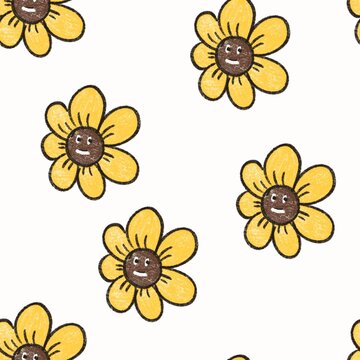 Sunflower cartoon illustration seamless pattern on white background.