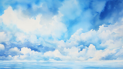 Sky's Watercolor Symphony Blue Sky and White Clouds Painting.