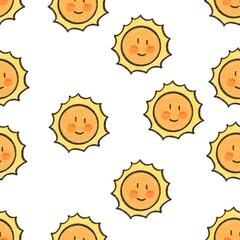 Sun cartoon illustration seamless pattern on white background.