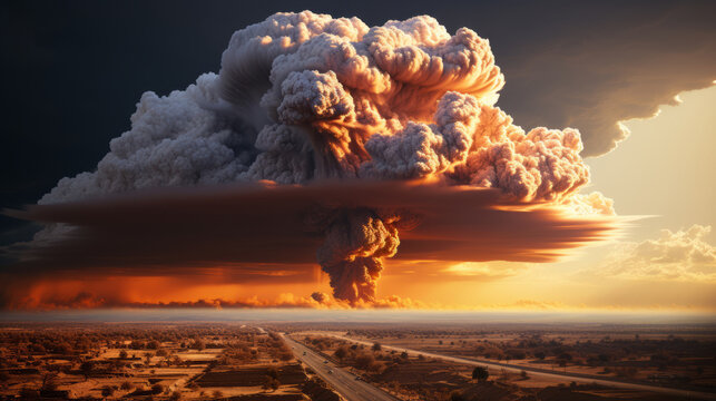 Nuclear bomb detonation photorealistic illustrations. Nuclear explosion. War, world catastrophe, collapse. Mushroom cloud