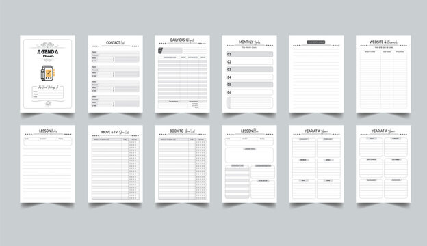Planner & Agenda template set. Set of planner and to do list. Monthly, weekly, daily planner template. Vector illustration with cover page layout template