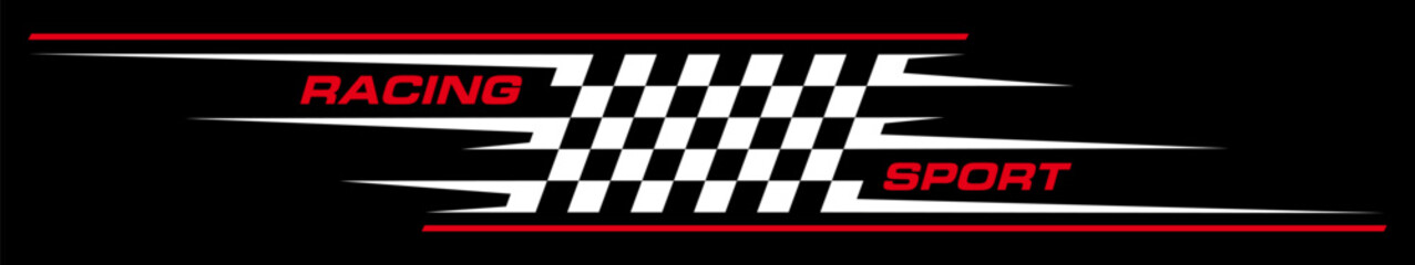 Racing sport or motorsport emblem, rally racing sticker with checkered flag. Vector t-shirt line decals, automobile motor transport speed drive
