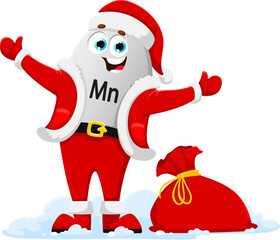 Cartoon Manganese mineral pill character as Santa with Christmas gifts bag, vector micronutrient. Winter holiday funny personage of Manganese Mn mineral supplement pill in Santa costume for New Year
