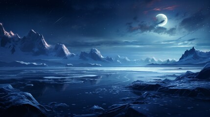 The serene beauty of a polar night sky, with a full moon illuminating the ice-covered terrain below.