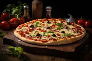 Hot pizza slice with melting cheese on a rustic wooden table.