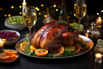 Christmas dinner with roast turkey crown and vegetables