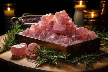 himalayan pink salt crystals with rosemary