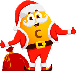 Christmas cartoon vitamin C Santa with gifts bag for winter holiday, vector micronutrient character. Christmas funny character of vitamin C emoji emoticon in Santa costume with New Year presents sack