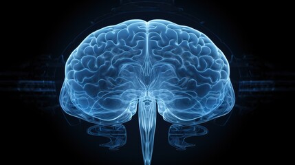 Obraz premium Blue-toned brain x-ray on dark background, A radiological insight into brain health and anatomy for medical diagnostics and neuroscientific research 