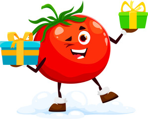 Cartoon Christmas tomato with Santa gift boxes, vector vegetable character for winter holiday. Merry Christmas and Happy New Year greeting of funny tomato with presents for emoji or emoticon