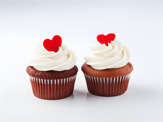 Chocolate cupcakes with white buttercream and red hearts on top, white background 