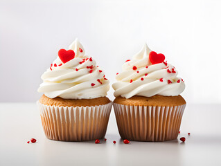 Vanilla cupcakes with white buttercream and red hearts on top, white background 