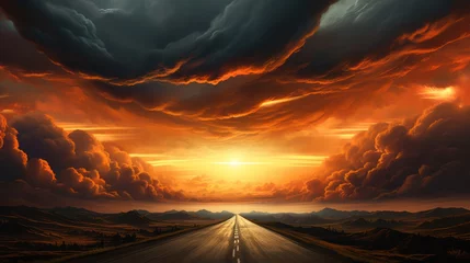 Papier Peint photo Brique Long Road with Dramatic Skyline and Sunrise