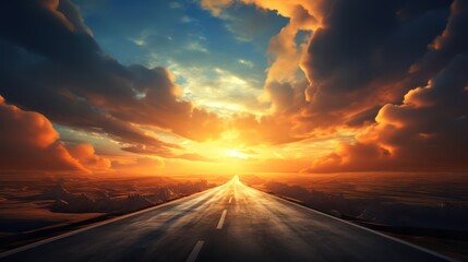 Long Road with Dramatic Skyline and Sunrise