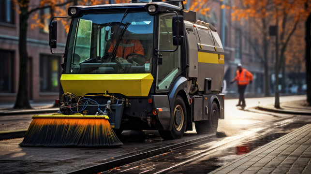 Street cleaner. Demonstration of harvesting equipment. A road sweeper. Vehicle for street cleaning. Machine with brushes for cleaning.