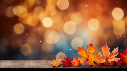 Autumn Elegance End-of-Year Web Banner with Red and Yellow Maple Leaves, Soft Focus Light, and Bokeh Background.