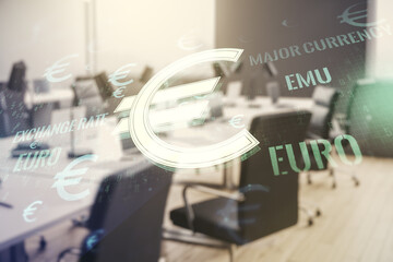 Virtual EURO symbols illustration on a modern furnished classroom background, forex and currency...
