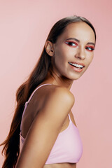 Beauty woman model girl smile close-up skin make-up portrait fashion color face studio