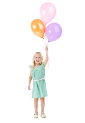 Fototapeta na wymiar Portrait, little girl and laugh with balloons for party, event or celebration with excitement on face. Kid, youth and happiness with smile for inflatable toy on isolated on transparent png background
