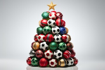 Christmas tree made from various football balls for sports games. AI generated