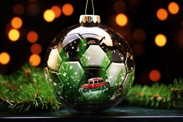 Transparent Christmas tree decoration with red car in shape of football ball. AI generated