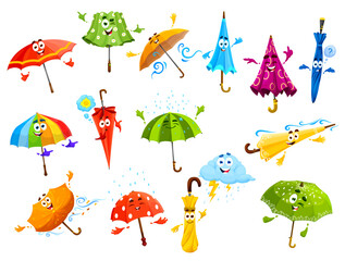 Cartoon umbrella characters with face and cute funny happy smile, vector emoticons. Cartoon umbrella emoji under rain weather and storm cloud, cute rainbow parasol in wind hurricane with thumb up - obrazy, fototapety, plakaty