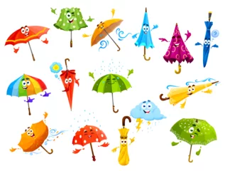 Fotobehang Cartoon umbrella characters with face and cute funny happy smile, vector emoticons. Cartoon umbrella emoji under rain weather and storm cloud, cute rainbow parasol in wind hurricane with thumb up © Vector Tradition