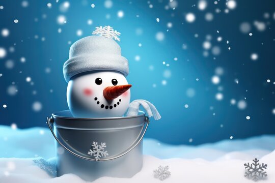 Snowman sitting in bucket, Christmas winter background. AI generated - Powered by Adobe