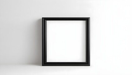 Blank photo frame on white wall. Empty black frame with empty copy space. Isolated blank frame on wall for mockup.