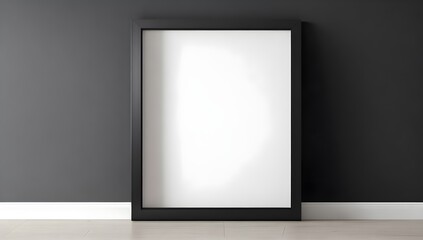 Blank photo frame on black wall. Empty black frame with empty white copy space. Isolated blank frame on wall for mockup.