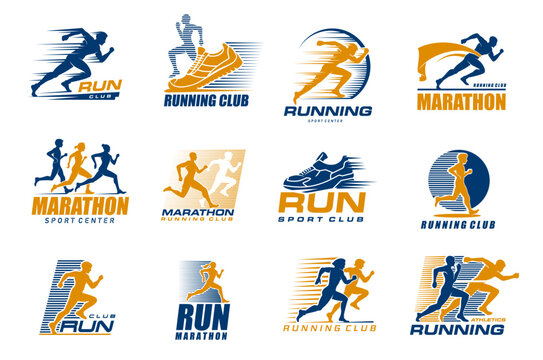 Marathon run sport icons with runner men and women, athletic shoes and finish ribbon vector silhouettes. Running people isolated symbols set for marathon and run sport club, foot race competition